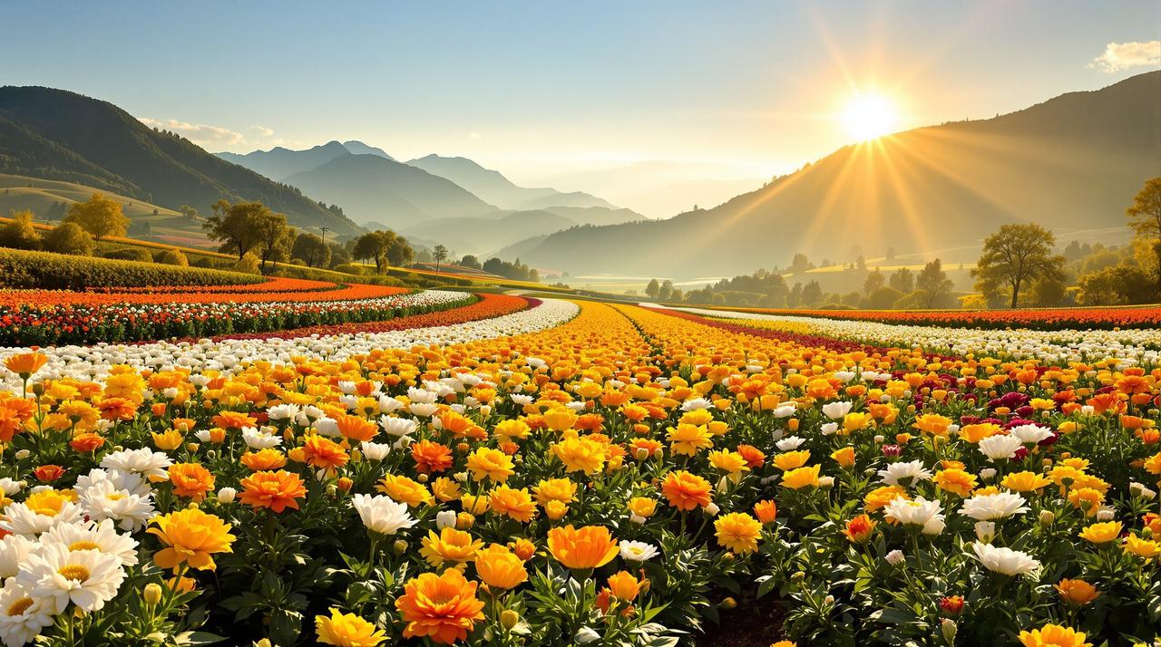 驰策影院 - 秋日菊花园晨曦：金色阳光洒满花田